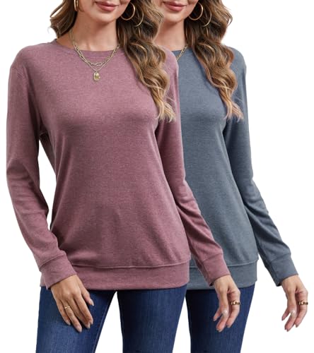 YUTILA 2er Pack Damen Pullover Rundals Einfabrig Langarm Shirts Leichte Basic Casual Lässig Oberteile Herbst Winter von YUTILA