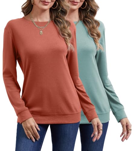 YUTILA 2er Pack Damen Pullover Rundals Einfabrig Langarm Shirts Leichte Basic Casual Lässig Oberteile Herbst Winter von YUTILA