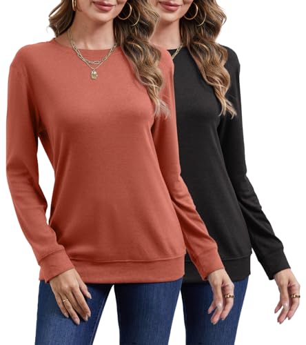 YUTILA 2er Pack Damen Pullover Rundals Einfabrig Langarm Shirts Leichte Basic Casual Lässig Oberteile Herbst Winter von YUTILA