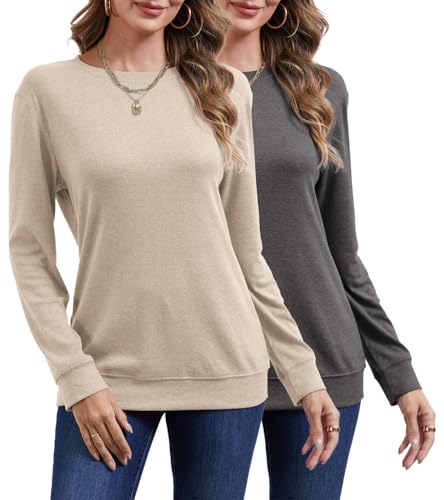 YUTILA 2er Pack Pullover Damen Rundals Einfabrig Langarm Sweatshirt Casual Lässig Bequeme Langarmshirt Sweater Herbst Winter von YUTILA
