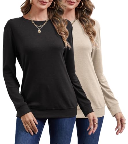 YUTILA 2er Pack Pullover Damen Rundals Einfabrig Langarm Sweatshirt Casual Lässig Bequeme Langarmshirt Sweater Herbst Winter von YUTILA