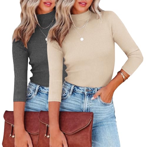YUTILA 2er Pack Pullover Rollkragen 3/4 Arm Einfarbig Langarmshirt Stehkragen Rippenstrick Slim Fit Pulli Elegantes Gerippt Basic Oberteile Herbst Winter von YUTILA