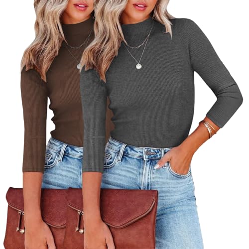 YUTILA 2er Pack Pullover Rollkragen 3/4 Arm Einfarbig Langarmshirt Stehkragen Rippenstrick Slim Fit Pulli Elegantes Gerippt Basic Oberteile Herbst Winter von YUTILA
