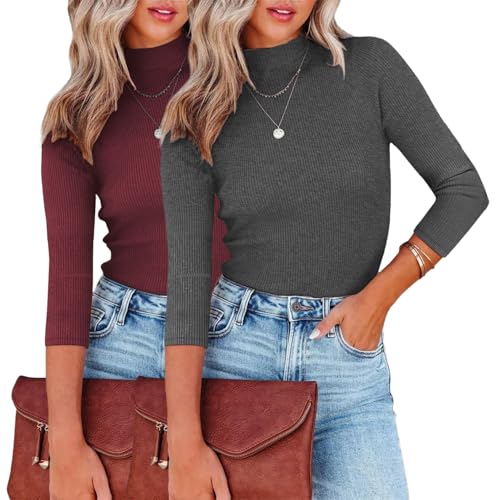 YUTILA 2er Pack Pullover Rollkragen 3/4 Arm Einfarbig Langarmshirt Stehkragen Rippenstrick Slim Fit Pulli Elegantes Gerippt Basic Oberteile Herbst Winter von YUTILA