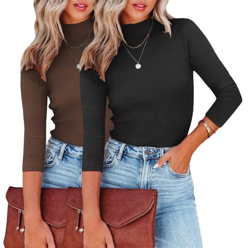 YUTILA 2er Pack Pullover Rollkragen 3/4 Arm Einfarbig Langarmshirt Stehkragen Rippenstrick Slim Fit Pulli Elegantes Gerippt Basic Oberteile Herbst Winter von YUTILA
