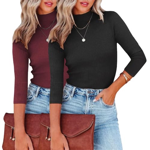 YUTILA 2er Pack Pullover Rollkragen 3/4 Arm Einfarbig Langarmshirt Stehkragen Rippenstrick Slim Fit Pulli Elegantes Gerippt Basic Oberteile Herbst Winter von YUTILA