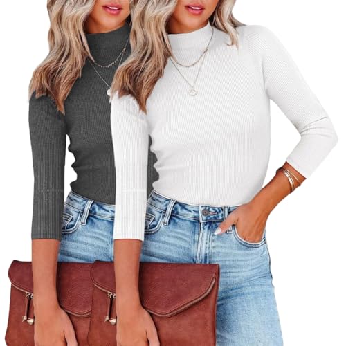 YUTILA 2er Pack Pullover Rollkragen 3/4 Arm Einfarbig Langarmshirt Stehkragen Rippenstrick Slim Fit Pulli Elegantes Gerippt Basic Oberteile Herbst Winter von YUTILA