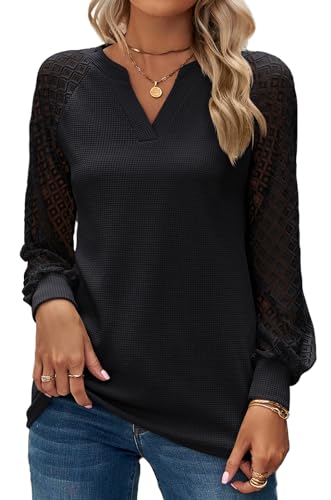 YUTILA Baronin Tunika Damen V Ausschnitt T Shirt Elegante Raglan Spitzenärmel Bluse Shirts Lässige Streetwear Langarm Oberteil Tops von YUTILA