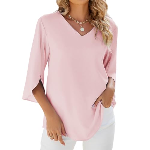 Bluse Damen Elegant Tunika Chiffon Damenblusen Oberteil Einfarbig Frühling 3/4 Arm Oberteile Blusenshirt von YUTILA