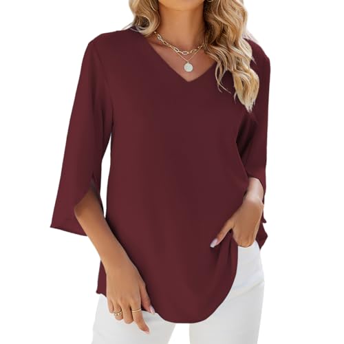YUTILA Bluse Damen Elegant Tunika Chiffon Damenblusen Oberteil Einfarbig Frühling 3/4 Arm Oberteile Blusenshirt von YUTILA