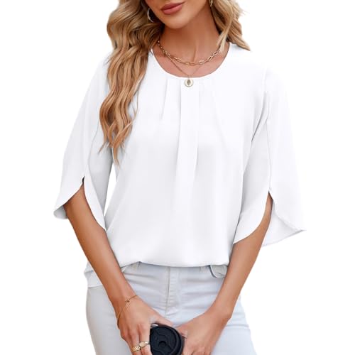 YUTILA Bluse Damen Elegant Tunika Chiffon Damenblusen Oberteil Einfarbig Frühling 3/4 Arm Oberteile Herbst Blusenshirt von YUTILA