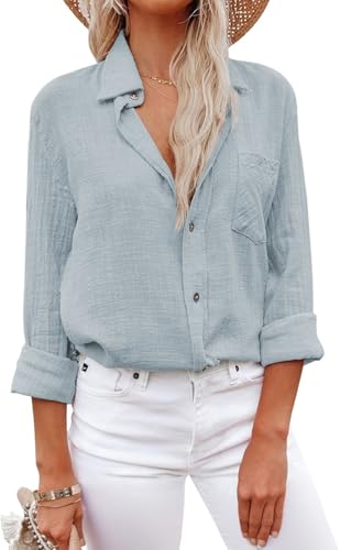 YUTILA Musselin Bluse Damen Lässiges Langarm Hemdbluse Viscose und Leinen Blusen & Tuniken Oberteile mit Tasche von YUTILA