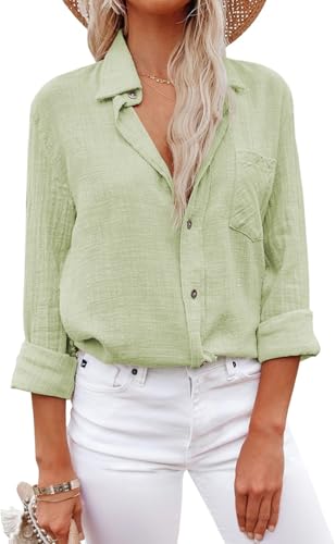 YUTILA Musselin Bluse Damen Lässiges Langarm Hemdbluse Viscose und Leinen Blusen & Tuniken Oberteile mit Tasche von YUTILA