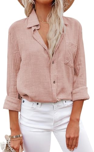 YUTILA Musselin Bluse Damen Lässiges Langarm Hemdbluse Viscose und Leinen Blusen & Tuniken Oberteile mit Tasche von YUTILA