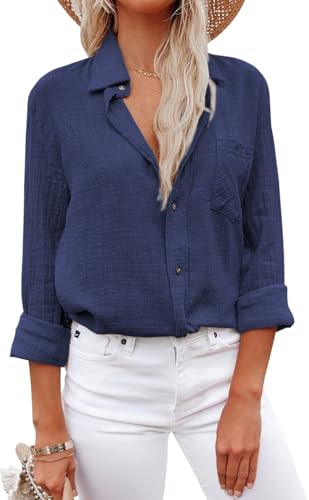 YUTILA Musselin Bluse Damen Lässiges Langarm Hemdbluse Viscose und Leinen Blusen & Tuniken Oberteile mit Tasche von YUTILA