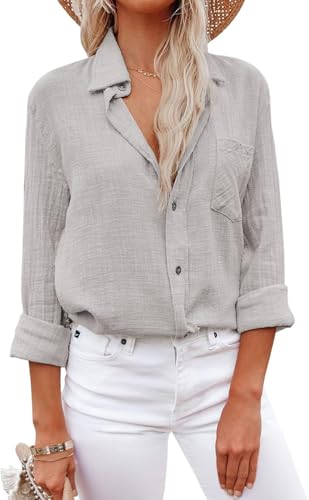 YUTILA Musselin Bluse Damen Lässiges Langarm Hemdbluse Viscose und Leinen Blusen & Tuniken Oberteile mit Tasche von YUTILA