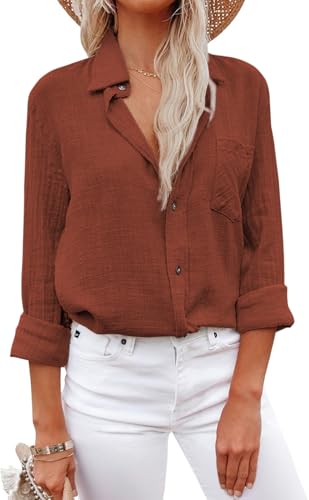 Musselin Bluse Damen Lässiges Langarm Hemdbluse Viscose und Leinen Blusen & Tuniken Oberteile mit Tasche von YUTILA