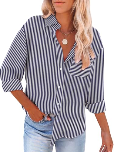 YUTILA Bluse Damen Gestreiftes V-Ausschnitt Hemd Baumwolle Langarm Lässiges Shirt mit Brusttasche von YUTILA