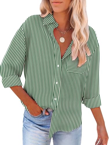 YUTILA Bluse Damen Gestreiftes V-Ausschnitt Hemd Baumwolle Langarm Lässiges Shirt mit Brusttasche von YUTILA