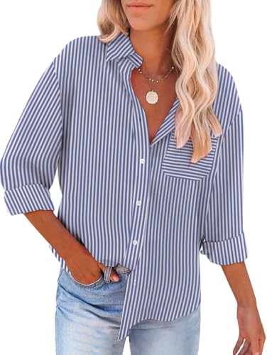 YUTILA Bluse Damen Gestreiftes V-Ausschnitt Hemd Baumwolle Langarm Lässiges Shirt mit Brusttasche von YUTILA