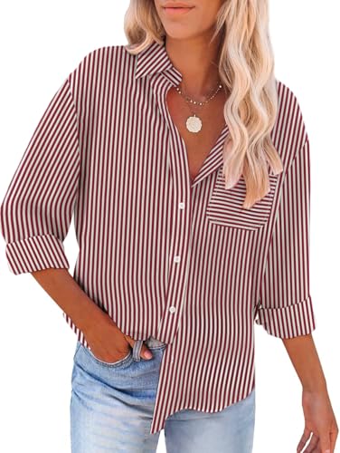 YUTILA Bluse Damen Gestreiftes V-Ausschnitt Hemd Baumwolle Langarm Lässiges Shirt mit Brusttasche von YUTILA