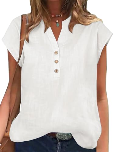 YUTILA Damen Baumwolle Leinen Bluse Kurzarm Einfarbig Henley Sommerbluse Blusenshirt Oberteile von YUTILA