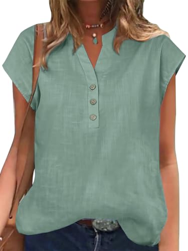 YUTILA Damen Baumwolle Leinen Bluse Kurzarm Einfarbig Henley Sommerbluse Blusenshirt Oberteile von YUTILA