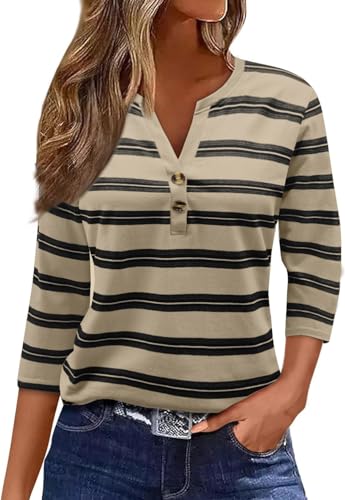 YUTILA Damen T-Shirts Gestreiftes 3/4 Ärmel V Ausschnitt Oberteile Baumwolle Langarmshirt Basic Lässige Streetwear Henley Shirt von YUTILA