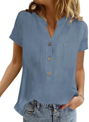 YUTILA Damen Bluse Kurzarm Baumwolle Henley Sommerbluse mit Brusttaschen von YUTILA