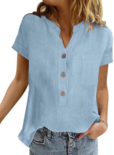 YUTILA Damen Bluse Kurzarm Baumwolle Henley Sommerbluse mit Brusttaschen von YUTILA