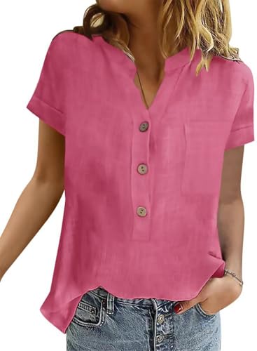 YUTILA Damen Bluse Kurzarm Baumwolle Henley Sommerbluse mit Brusttaschen von YUTILA