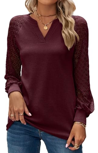 YUTILA Damen Langarmshirt Lockere Basic Lässiges Oberteil Elegant V-Ausschnitt Einfarbig Tunika von YUTILA