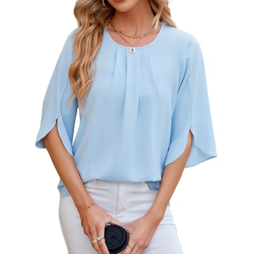 YUTILA Damen Bluse Rundhals Tunika Shirt Elegant Casual Oberteile Loose Shirt von YUTILA