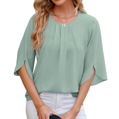 YUTILA Damen Bluse Rundhals Tunika Shirt Elegant Casual Oberteile Loose Shirt von YUTILA