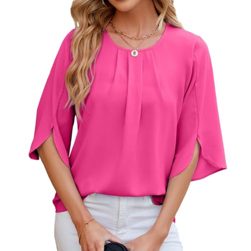 YUTILA Damen Bluse Rundhals Tunika Shirt Elegant Casual Oberteile Loose Shirt von YUTILA