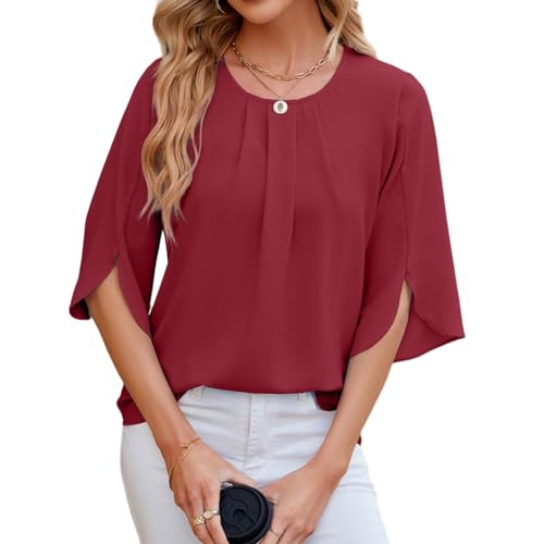 YUTILA Damen Bluse Rundhals Tunika Shirt Elegant Casual Oberteile Loose Shirt von YUTILA