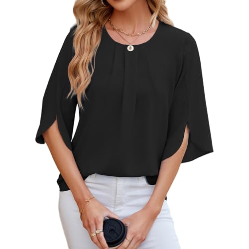 YUTILA Damen Bluse Rundhals Tunika Shirt Elegant Casual Oberteile Loose Shirt von YUTILA