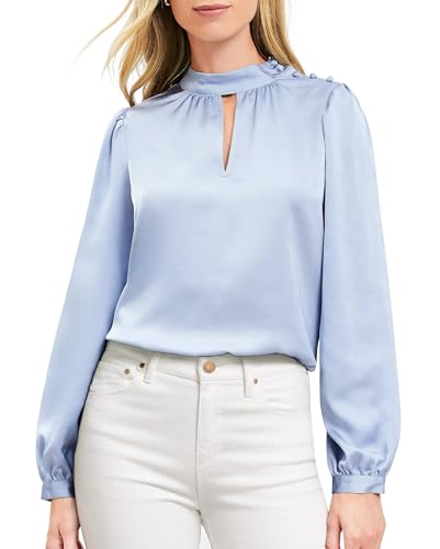 Damen Bluse Satin Festliche Elegant Einfarbig Stehkragen Tunika Hemdbluse Party Oberteil Langarm Arbeitshemd Seiden Business Outfit von YUTILA