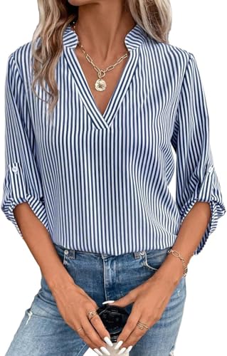 YUTILA Damen Bluse V-Ausschnitt 3/4 Ärmel Hemd Gestreiftes/Einfarbig Langarm Elegant Tunika Lässige Oberteile Longshirt von YUTILA