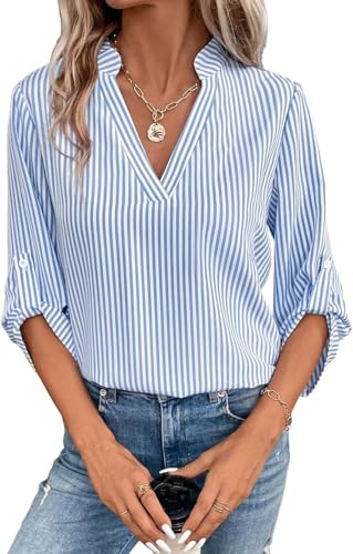 YUTILA Damen Bluse V-Ausschnitt 3/4 Ärmel Hemd Gestreiftes/Einfarbig Langarm Elegant Tunika Lässige Oberteile Longshirt von YUTILA