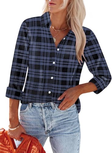 YUTILA Damen Bluse kariert aus 100% Baumwolle – Langarm Hemdbluse mit Knopfleiste, Lockerer Schnitt, Klassisches Karo-Muster von YUTILA
