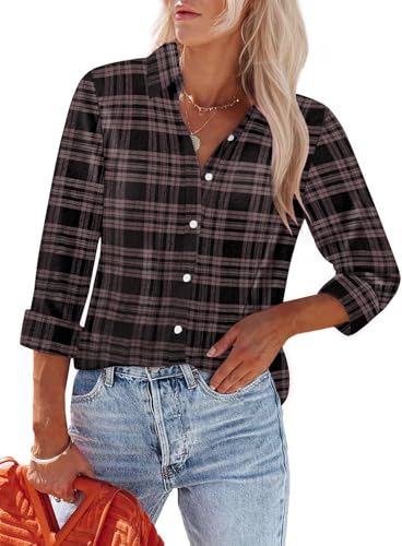 YUTILA Damen Bluse kariert aus 100% Baumwolle – Langarm Hemdbluse mit Knopfleiste, Lockerer Schnitt, Klassisches Karo-Muster von YUTILA