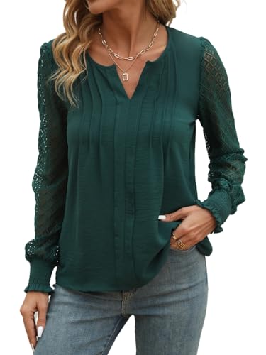 YUTILA Damen Langarmshirt mit V-Ausschnitt, Lange Raglan Spitzenärmel, Plissierte Vorderseite, Schickes Elegantes Hemdbluse, Tunika Oberteile von YUTILA