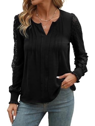 YUTILA Damen Langarmshirt mit V-Ausschnitt, Lange Raglan Spitzenärmel, Plissierte Vorderseite, Schickes Elegantes Hemdbluse, Tunika Oberteile von YUTILA