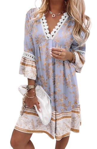YUTILA Damen Bohemian Strandkleid V-Ausschnitt 3/4 Arm Blumenmuster Mini Tunika Kleid Vintage Ethnostil Sommerkleider 100% Viscose von YUTILA