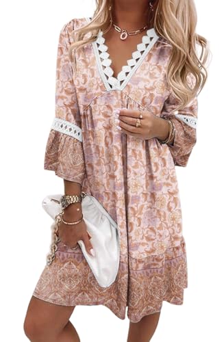 YUTILA Damen Bohemian Strandkleid V-Ausschnitt 3/4 Arm Blumenmuster Mini Tunika Kleid Vintage Ethnostil Sommerkleider 100% Viscose von YUTILA
