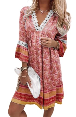 YUTILA Damen Bohemian Strandkleid V-Ausschnitt 3/4 Arm Blumenmuster Mini Tunika Kleid Vintage Ethnostil Sommerkleider 100% Viscose von YUTILA