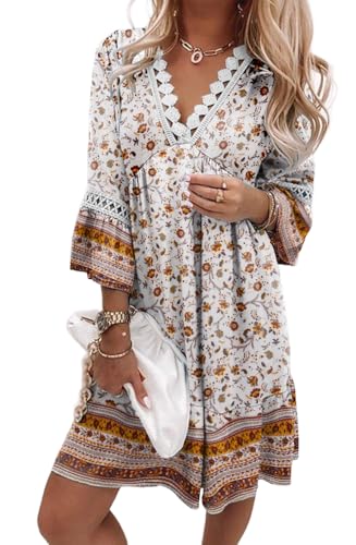 YUTILA Damen Bohemian Strandkleid V-Ausschnitt 3/4 Arm Blumenmuster Mini Tunika Kleid Vintage Ethnostil Sommerkleider 100% Viscose von YUTILA