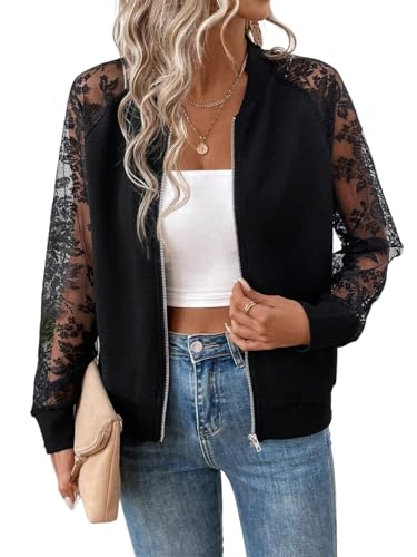YUTILA Damen Bomberjacke Langarm Blumenmuster Reißverschluss Blouson Jacke Stehkragen Kurze Dünne Übergangsjacke Herbst Frühling von YUTILA