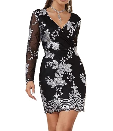 YUTILA Damen Cocktailkleid Bodycon Floral Pailletten Langarm Mini Embroidery Spitze Partykleid Abendkleid Elegant Vintage von YUTILA